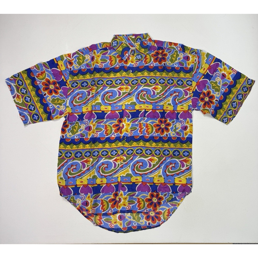 Vintage Protest Silk Shirt Mens Medium Floral Abstract AOP Beach Party Retro 90s